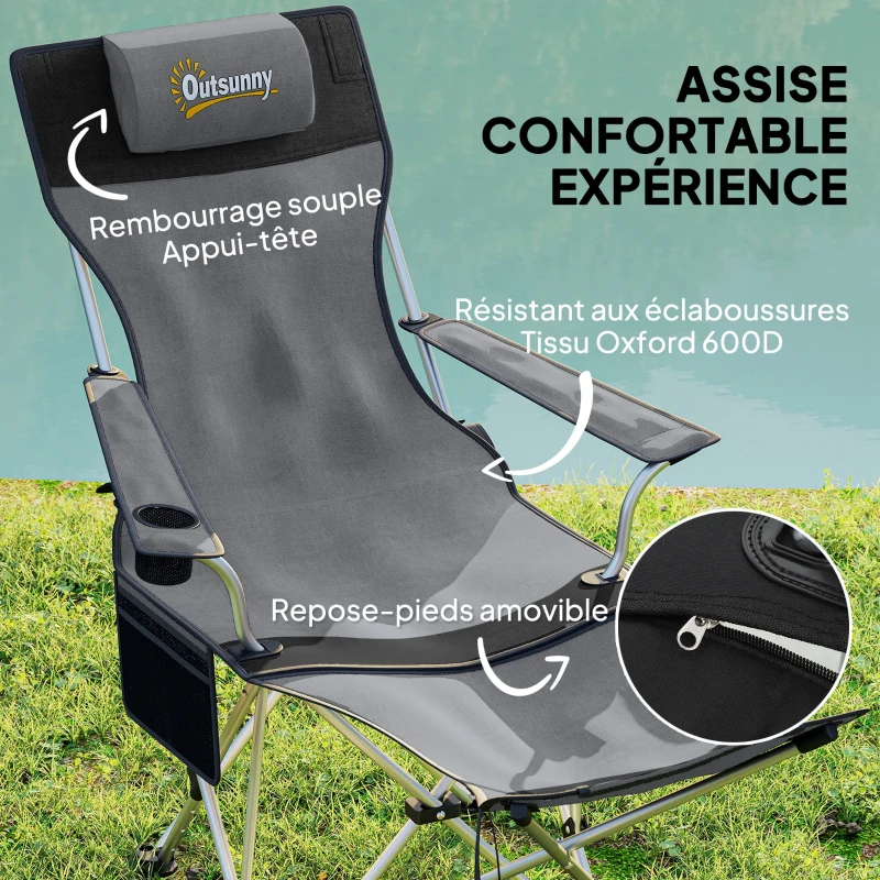 Outsunny Lot de 2 chaises de camping pliante inclinable avec repose-pieds, sac de rangement, porte-gobelet et appui-tête, gris