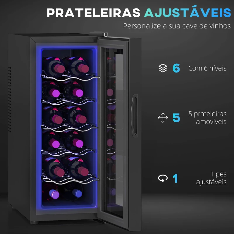 HOMCOM Cave de Vinhos 12 Garrafas com Dupla Refrigeração Termoelétrica Temperatura Ajustável 8-18℃ Porta de Vidro Anti-UV Ecrã LED Luz Interior Preto