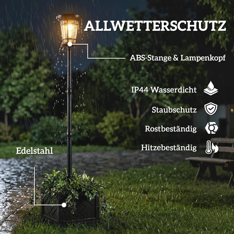 Outsunny Solar Laterne Stehleuchte mit Blumentopf 195cm Außen Gartenlaterne mit 2 Helligkeitsstufen Lichtsteuerung Schalter IP44
