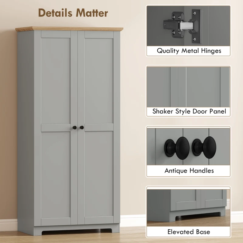 HOMCOM Kitchen Cupboard, 172cm Freestanding Storage Cabinet with Doors and Shelves, Grey