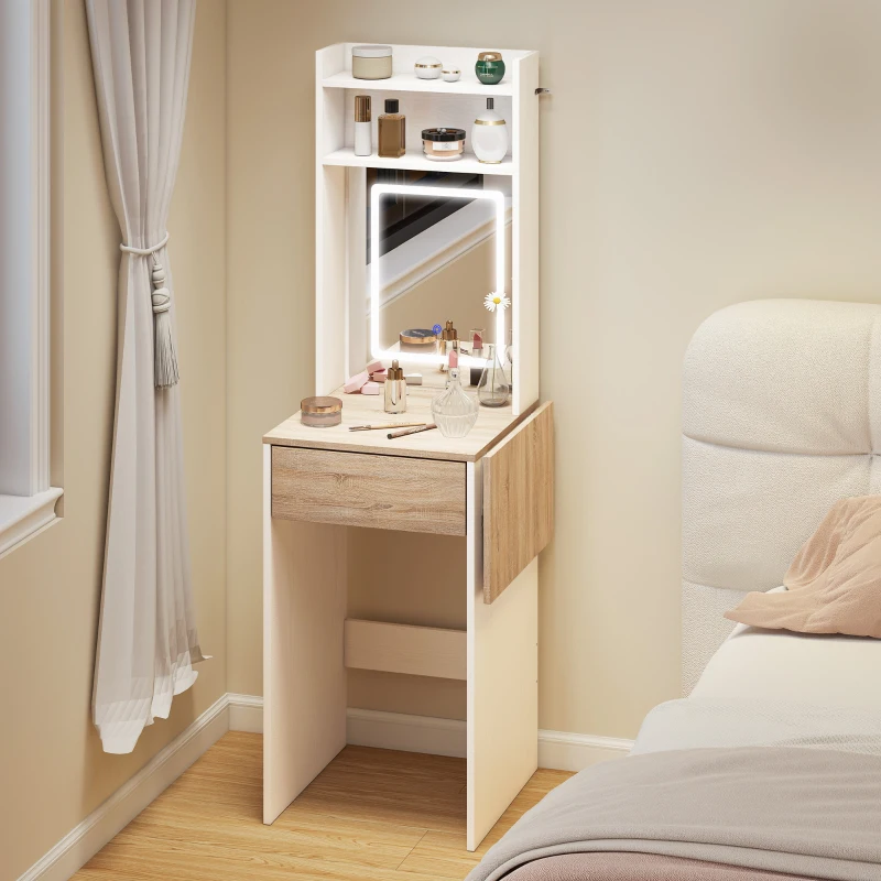 HOMCOM Small Vanity Desk with Mirror and LED Lights, Compact Dressing Table with Drop Leaf, Open Shelves and Drawer, White