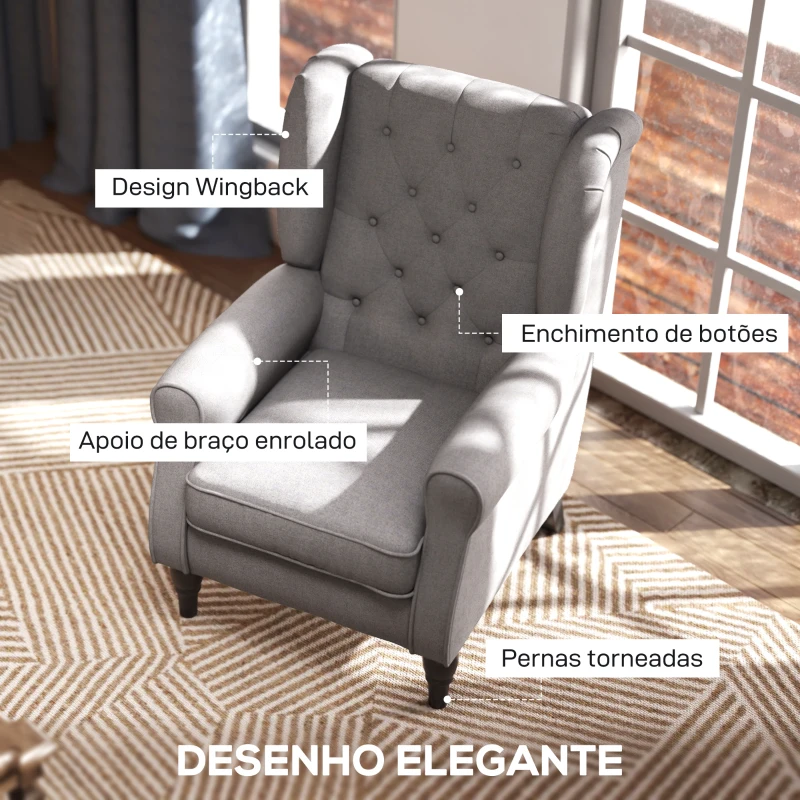 HOMCOM Poltrona de Sala com Apoios de Braços e Pés de Madeira Carga 160 kg para Quarto Escritório Sala de Estar 74x86x102 cm Cinzento