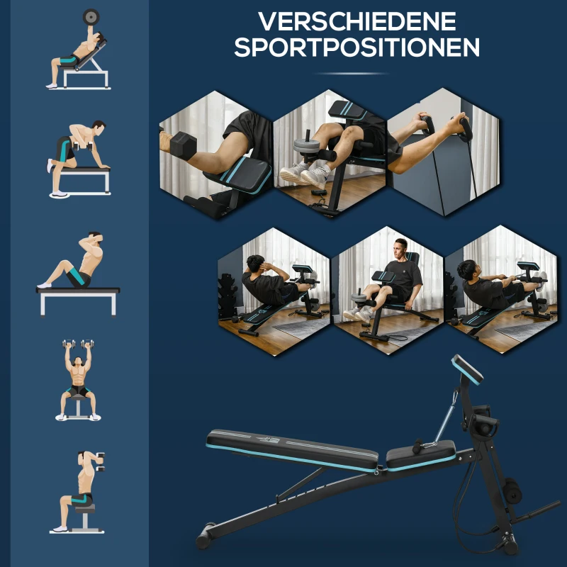 HOMCOM Hantelbank, Klappbar Trainingsbank mit 7-fach verstellbarer Rückenlehne, Fitnessbank bis 120 kg belastbar, Blau