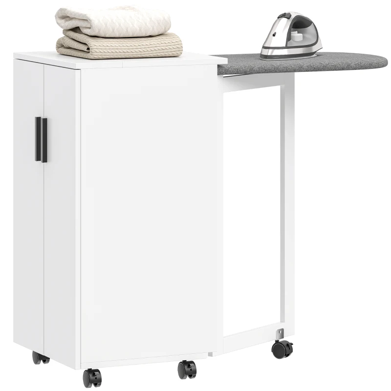 HOMCOM 2-in-1 faltbarer Bügelbrettschrank auf Rollen mit Bügelbrett und verstellbarem Regal für kleine Räume, Weiß