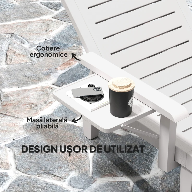 Outsunny Set 2 Șezlonguri cu Spătar Reglabil în 5 Poziții, Măsuță și Brațe Ergonomice, 79x158x88 cm, Alb