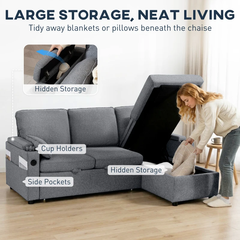 HOMCOM Corner Sofa Bed, L Shaped Sleeper Sectional Sofa with Reversible Storage Chaise, Grey