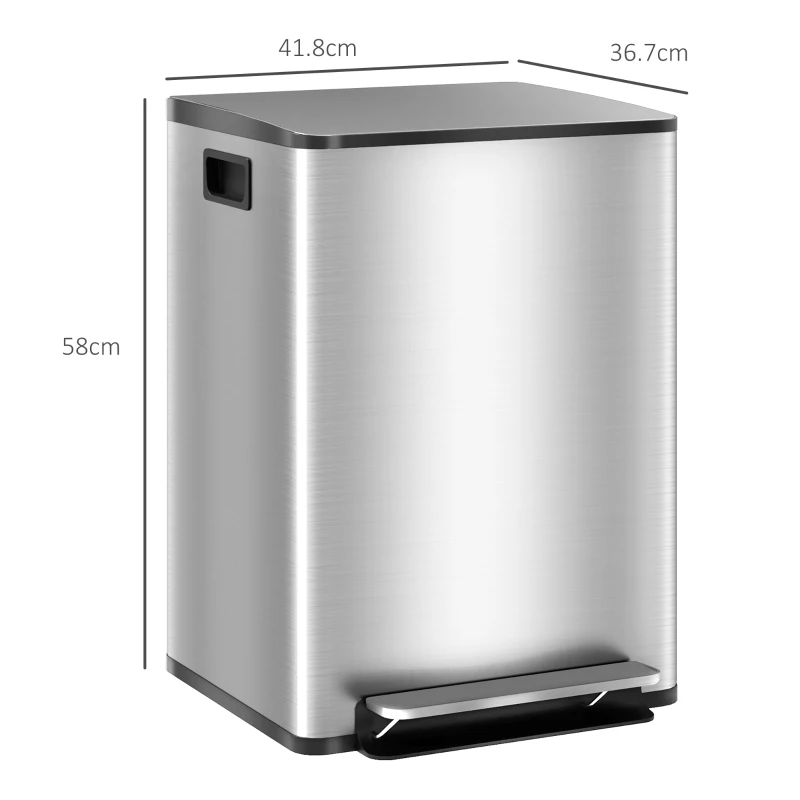 HOMCOM 40L Dual Compartment Stainless Steel Bin, with Deodoriser Holders - Silver Tone