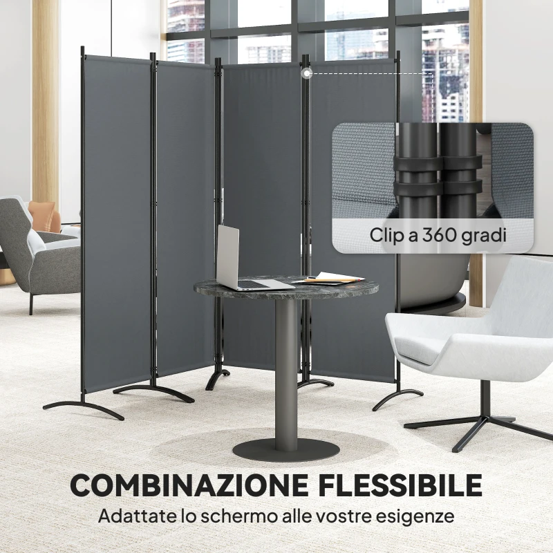 Outsunny Paravento da Esterno e Interno a 4 Pannelli Pieghevole, 221x50x172cm, Grigio Scuro