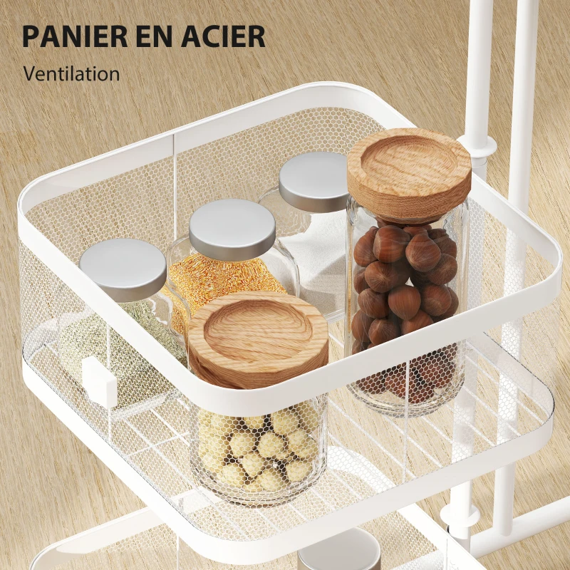 HOMCOM Resserre 4 paniers rotatifs sur roues, chariot à légumes et fruits, plateau, étagère en fil d'acier, 33x33x77cm, blanc