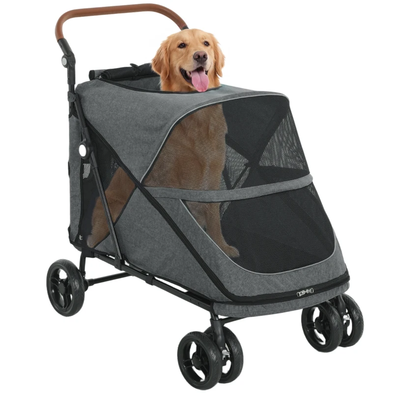 PawHut Poussette pliable pour chiens jusqu'à 30 kg avec roues 360°, fenêtres en filet, coussin, poignée réglable, gris