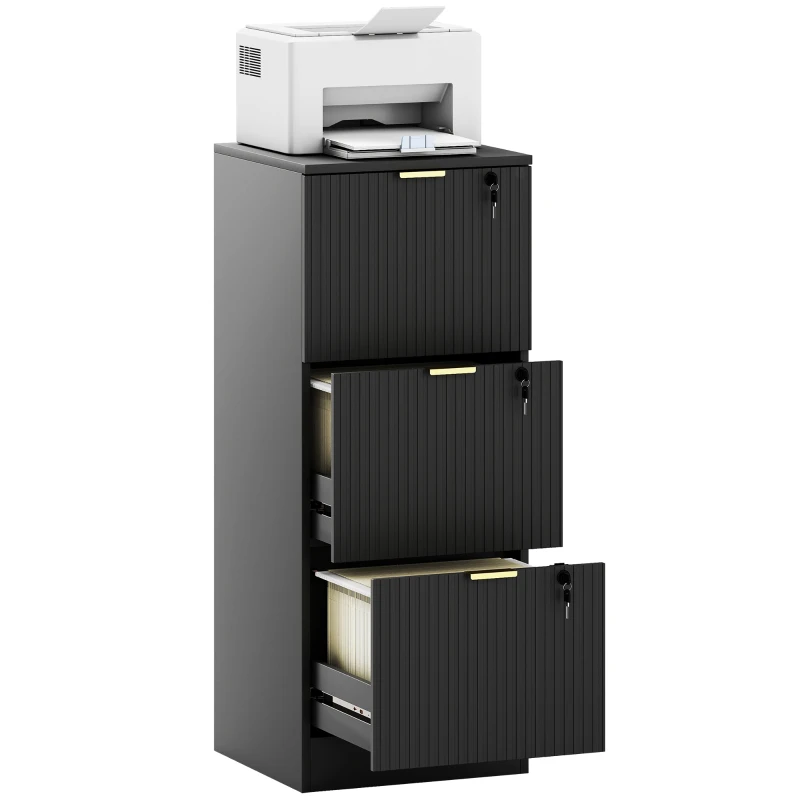 HOMCOM Filing Cabinet, Fluted Vertical File Cabinet with 3 Lockable Drawers and Hanging Rails, Black