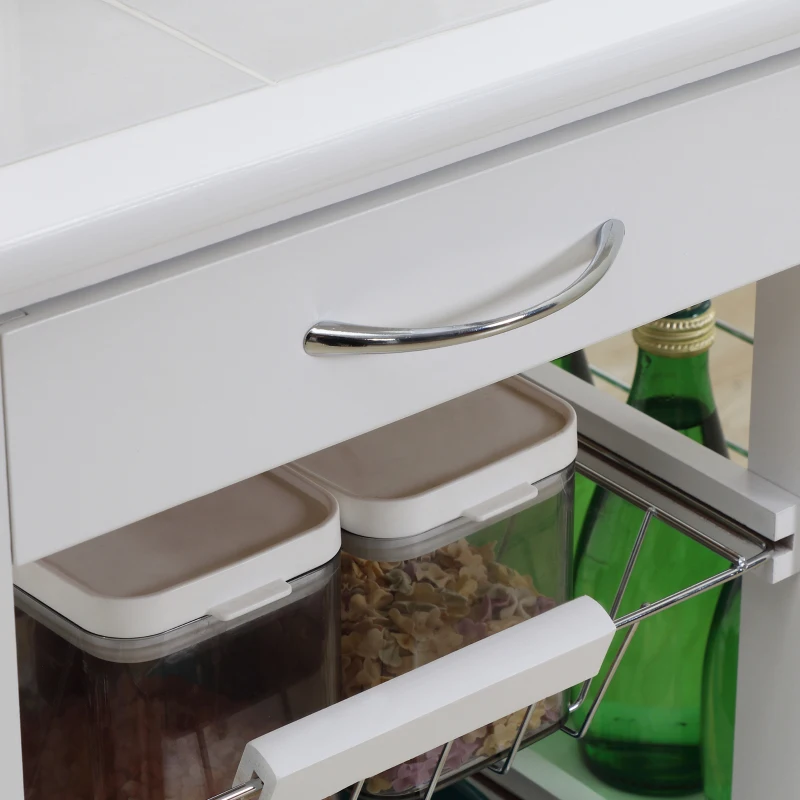HOMCOM Multi-storage kitchen service cart on casters 4 metal baskets drawer + 4 bottle racks pine wood white tiled top