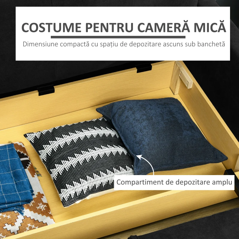 HOMCOM Canapea extensibilă cu 2 locuri și spațiu de depozitare pentru living și dormitor, din policoton și spumă, gri(m-5)