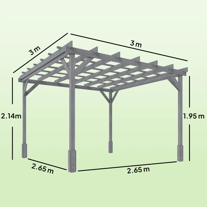 Outsunny 3 x 3 m Wooden Pergola Kit, Decorative Garden Gazebo Shelter with Stable Structure for Climbing Vines, Grey