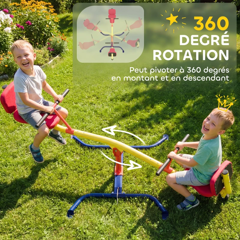 AIYAPLAY Balançoire à bascule pour enfant 3 à 12 ans, trébuchet rotatif 360°, sièges rembourrés avec dossiers, multicolore