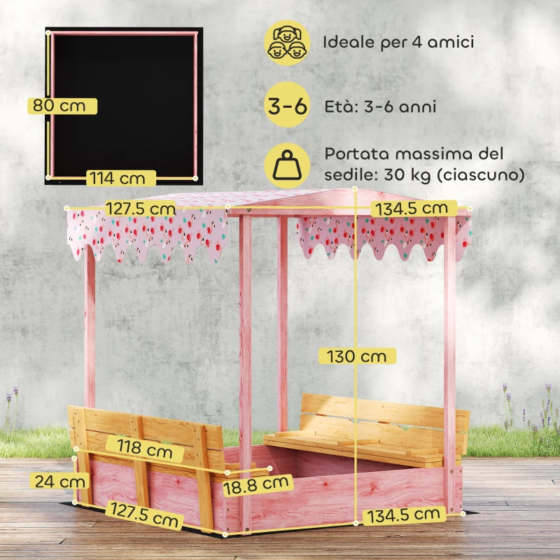 AIYAPLAY Sabbiera per Bambini 3-6 Anni con Tettuccio Fenicotteri, Sedute Pieghevoli, Coperchio e Fodera Inclusa, Sabbionaia per Bambini in Legno di Abete, 134.5x127.5x130 cm, Rosa