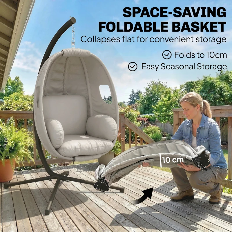 Outsunny Wiszący Fotel z Ramą, Składany Kosz z Grubymi Poduszkami, Regulowana Wysokość, Pas Bezpieczeństwa, do 120 kg