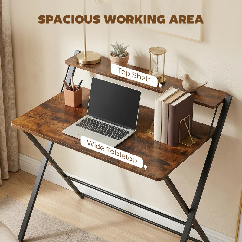 HOMCOM Compact Folding Desk for Small Spaces with Storage Shelf for Home Office, Rustic Brown