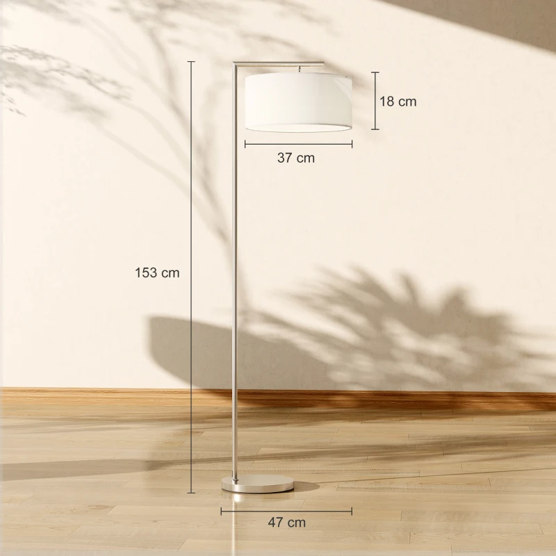 HOMCOM Floor Lamp, Modern Standing Lamp with Linen Lampshade, Round Base for Living Room, Bedroom, Dining Room, 153cm, Silver Tone