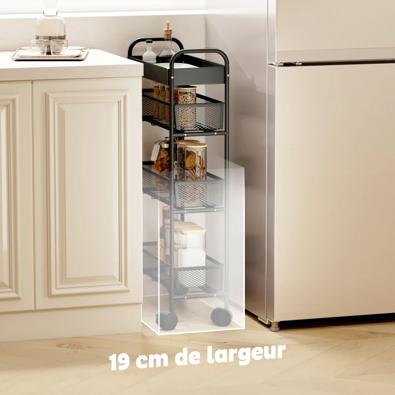 HOMCOM Chariot de rangement à 4 niveaux, desserte à roulettes, 3 paniers coulissants, panier supérieur 19 x 43,2 x 80 cm noir