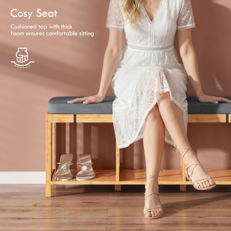 HOMCOM Bamboo Shoe Bench, Entryway Storage Bench with Padded Cushion and Open Shelf, Natural Wood Finish