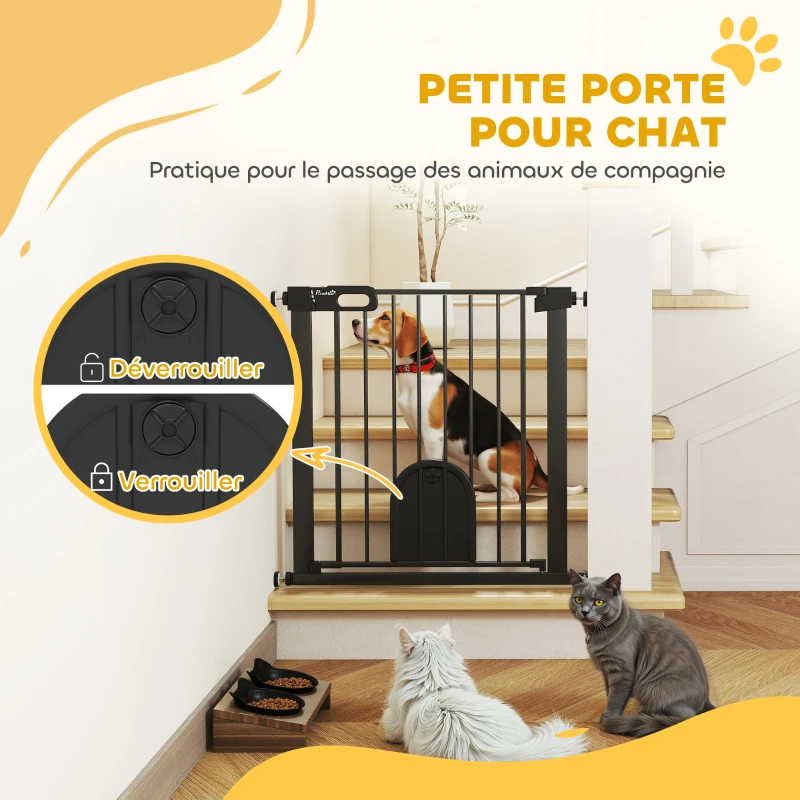 PawHut Barrière de sécurité animaux avec porte fermeture automatique système de double verrouillage, acier noir