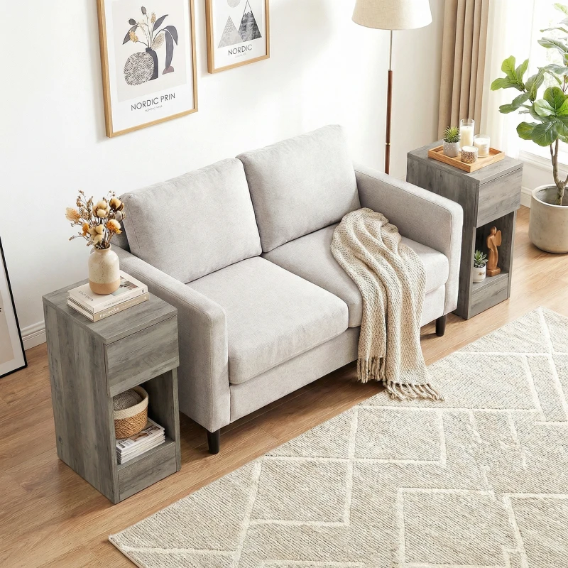 HOMCOM Set of Two Modern Storage Bedside Tables - Grey