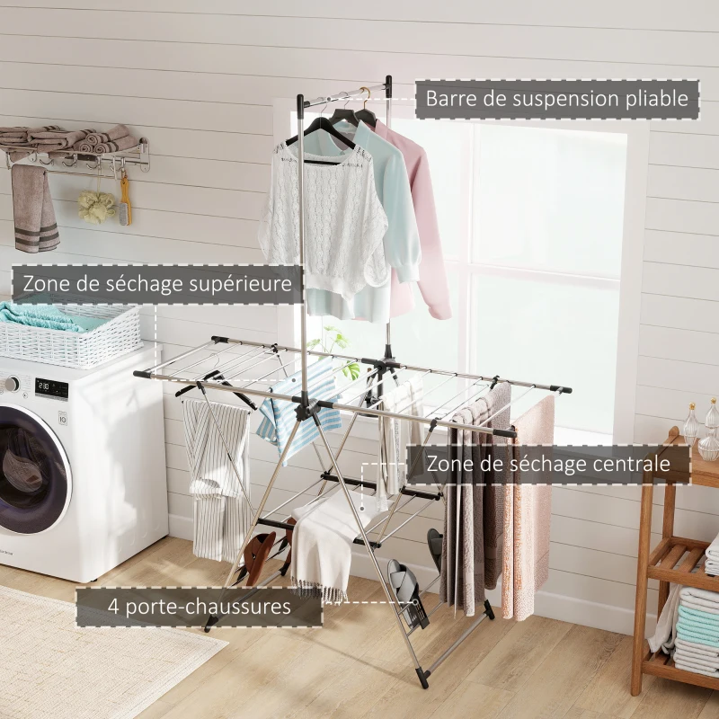 HOMCOM Séchoir à linge étendoir pliable, ailes réglables 5 niveaux, 4 supports à chaussures, acier inoxydable, argenté