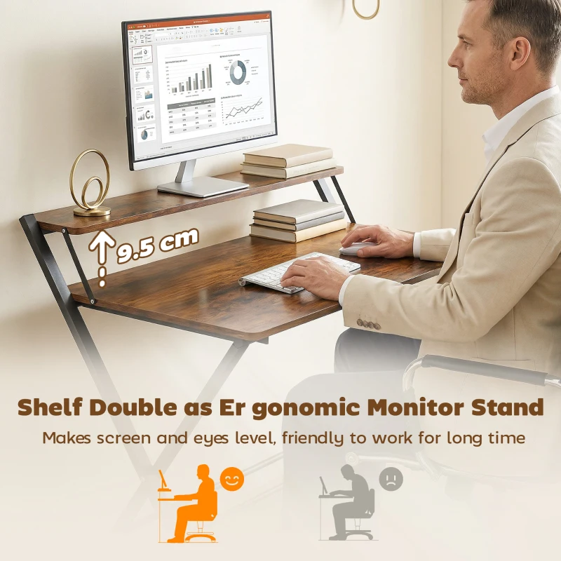 HOMCOM Compact Folding Desk for Small Spaces with Storage Shelf for Home Office, Rustic Brown