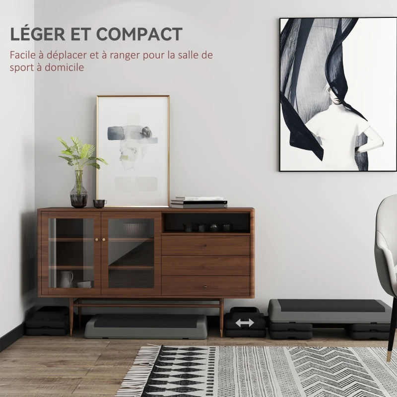 SPORTNOW Stepper Fitness Aérobic 3 Niveaux, Hauteur Réglable 10,5/15,5/20,5 cm, Surface Antidérapante, Capacité 250 kg, Gris