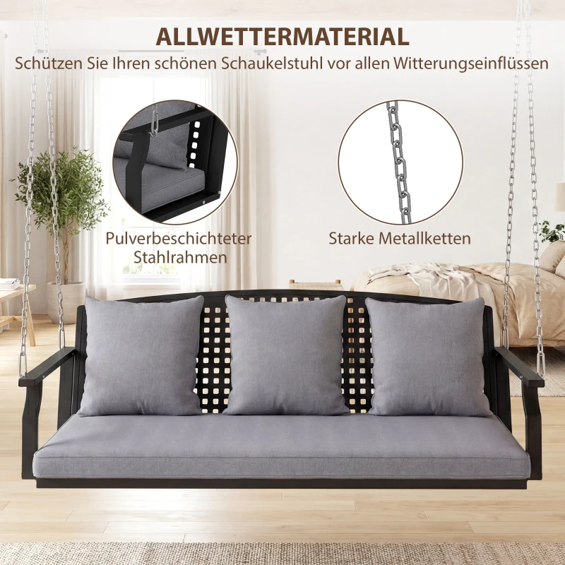 Outsunny 3-Sitzer Veranda-Schaukel, Gartenschaukelbank mit 3 Rückenkissen, Sitzkissen, Hängevorrichtung, Grau