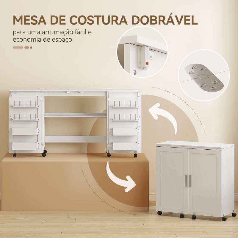HOMCOM Mesa de Costura Dobrável com 6 Rodas Móvel para Máquina de Costura com 20 Pinos para Fios 4 Compartimentos 160x40x81,5 cm Branco