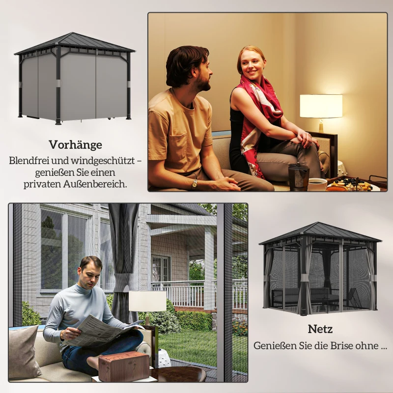 Outsunny Pavillon 3 x 3 m Wasserdicht Stabil Winterfest Gartenpavillon mit Seitenteile, Netze, Haken Hardtop Dunkelgrau