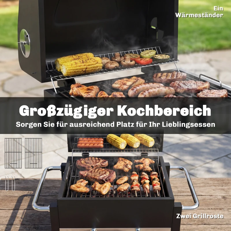 Outsunny Holzkohlegrill aus Stahl tragbarer BBQ Smoker mit Deckel verstellbare Lüftung zweistufige Kohlepfanne Thermometer