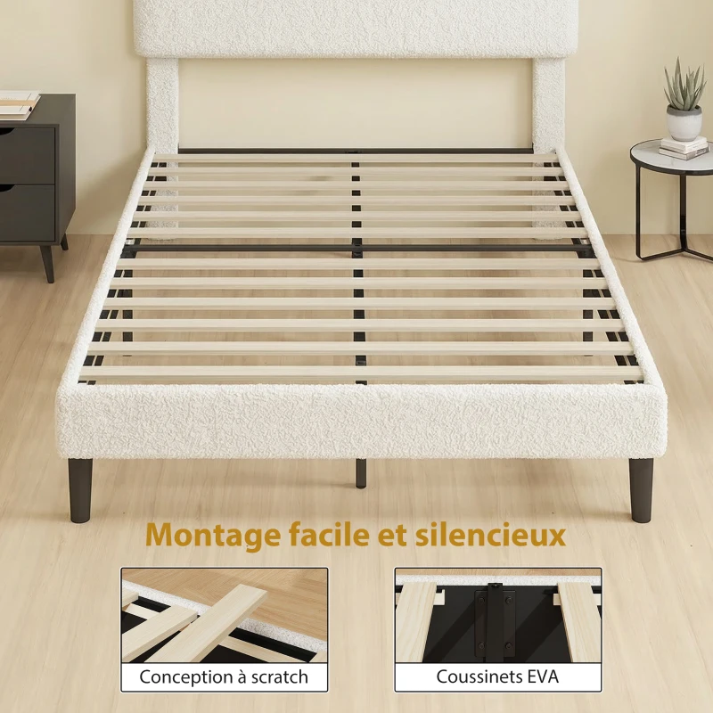 HOMCOM Cadre de Lit 140x190cm avec Sommier, Tête de Lit Réglable, Lit Double Rembourré en Velours Teddy, Lattes en Métal, Blanc