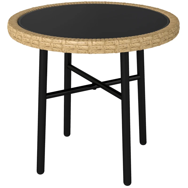 Outsunny Table Basse Ronde de Jardin, Table d'Appoint Exterieur en Résine Tressée et Plateau en Verre Trempé, 46x46x43cm, Naturel