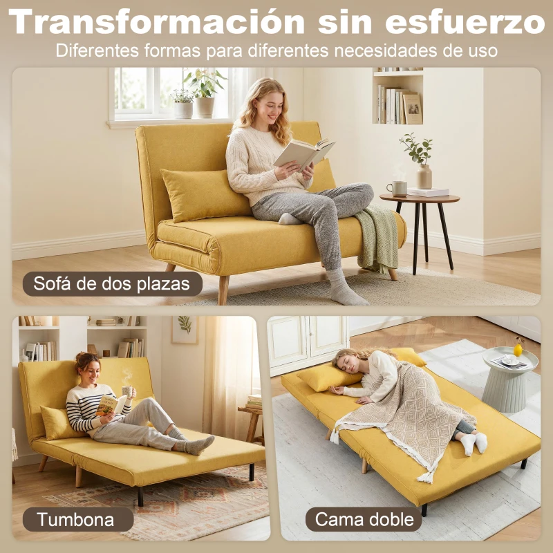 HOMCOM Sofá Cama de 2 Plazas Plegable Sofá Cama Tapizado en Lino con Respaldo Ajustable 5 Posiciones 2 Almohadas Amarillo