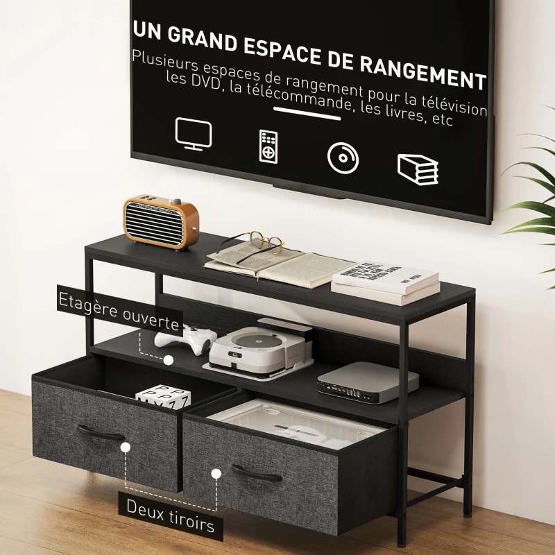HOMCOM Meuble TV, meuble télé pour téléviseur jusqu'à 47 pouces avec 2 tiroirs et pieds en acier, 98 x 29 x 56 cm, gris foncé