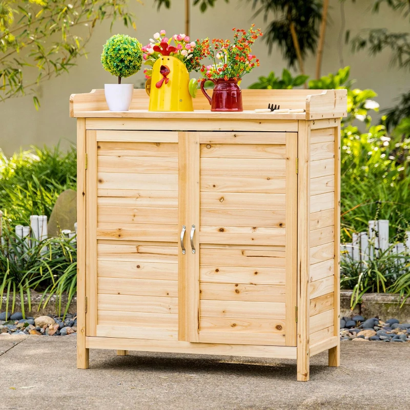 Outsunny Garden storage cabinet for tools freestanding cupboard with double doors and internal shelf pre-oiled solid pine dim. 83L x 40l x 92H cm natural