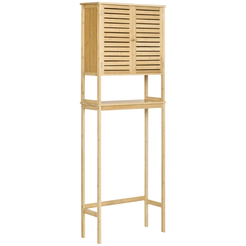 kleankin Toilet Shelf Bathroom Cabinet Over-Toilet Unit with 2-Door Cupboard and Open Shelf 60 x 23 x 173 cm Bamboo