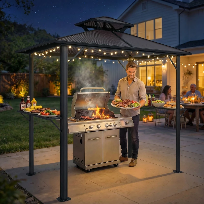 Outsunny Grillpavillon 2,5 x 1,5 m, Wasserdicht Grillüberdachung mit Doppeldach aus Polycarbonat Seitenablage Braun