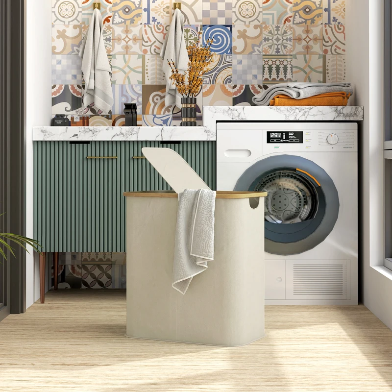 HOMCOM Panier à linge double pliable 80 L corbeille à linge sale avec couvercle, poignées rainurées, beige