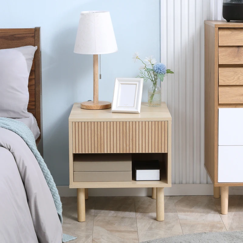 HOMCOM bedside table nightstand with drawers and cubbies, modern side table for bedroom, living room, dim. 47 x 47 x 50 cm, natural wood finish