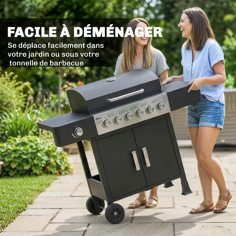 Outsunny Barbecue à gaz 6+1 brûleurs, chariot d'extérieur avec roues, grille de maintien au chaud, thermomètre, étagères latérales, noir