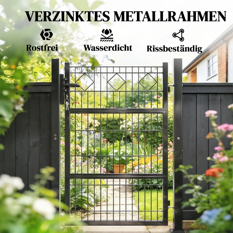 Outsunny Gartentor aus verzinktem Metall Gartentür mit Griff, Schloss Schlüssel abschließbar Zauntor 100x131cm Dunkelgrau