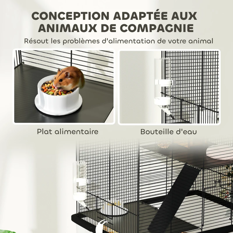 PawHut Cage hamster cage rongeur 3 étages avec roulettes plate-forme et échelle en fil d'acier 57 x 43 x 74 cm noir