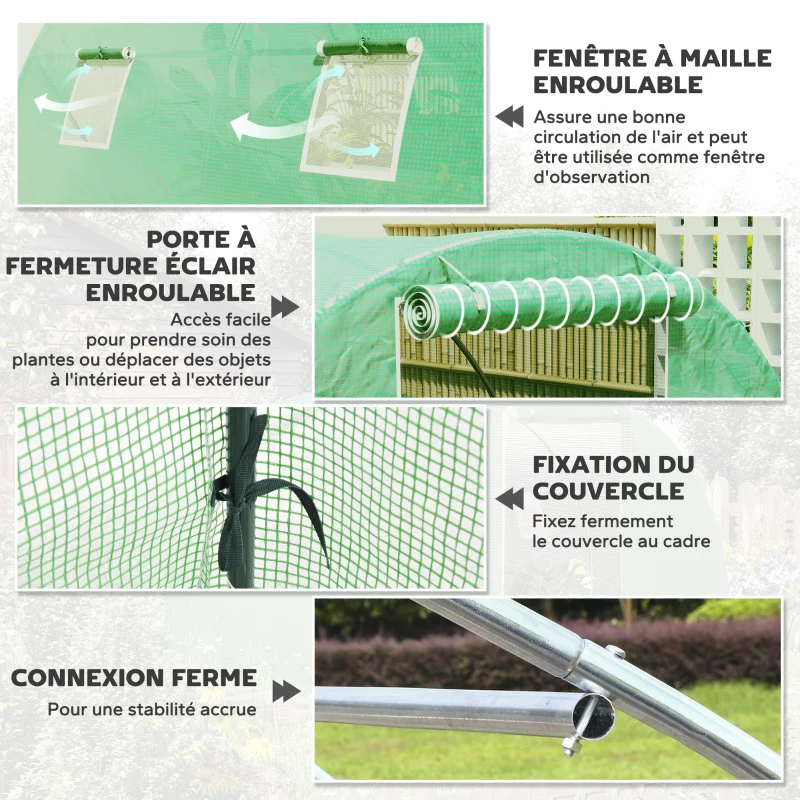 Outsunny Tunnel garden greenhouse 9 m² 4 windows, roll-up zippered door galvanized steel frame, PE cover 300 x 300 x 200 cm green
