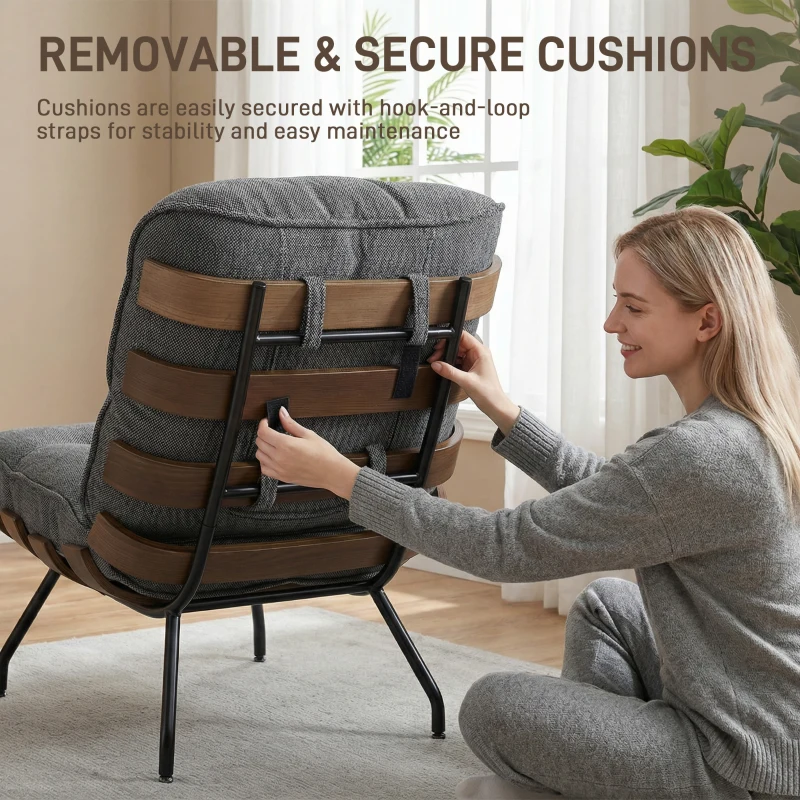 HOMCOM Accent Chair, Linen-look Fabric Reading Chair with Spring Cushion, Slatted Support, Steel Frame, Dark Grey