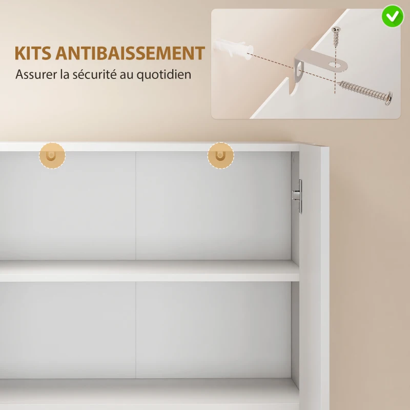 HOMCOM Buffet haut cuisine, armoire de cuisine, 4 portes à fermeture douce et étagères réglables, 68x34x180cm, blanc brillant