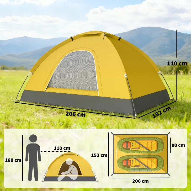 Outsunny 2 Person Camping Tent, Dome Tent with Zipped Doors, Storage Pocket, Portable Handy Bag, Yellow